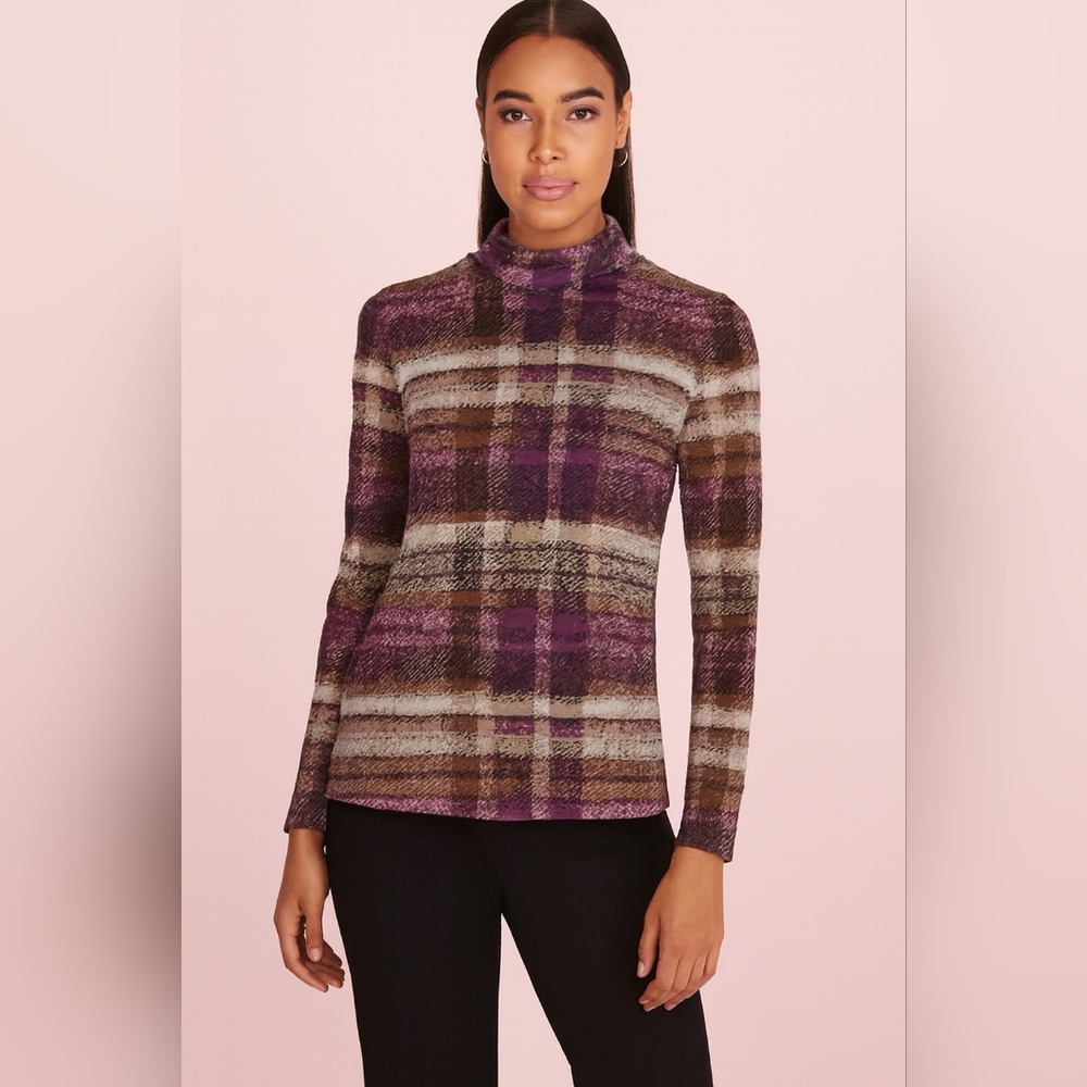 Bar III, Plaid, Lined, Thin, Mock Neck Blouse, W/Sheer Sleeves, Size XXS